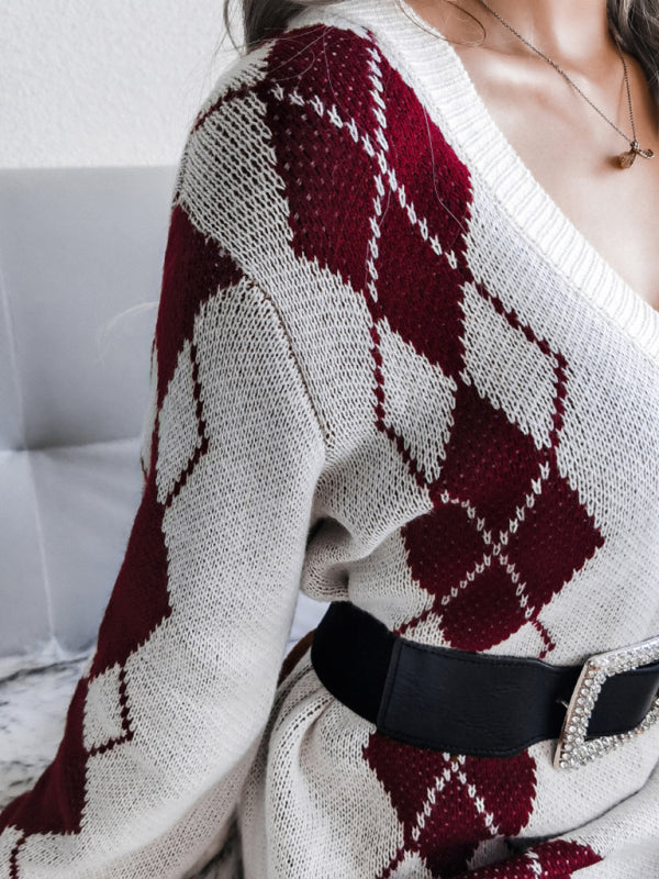 Women's V Neck Knit Wool Sweater Dress for Fall/Winter! - Without Belt Sweater Dresses - Chuzko Women Clothing