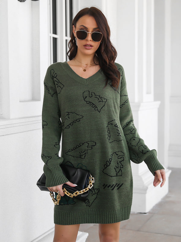 Wool Sweater Dress - V-Neck Knitwear with Ribbed Accents Sweater Dresses - Chuzko Women Clothing