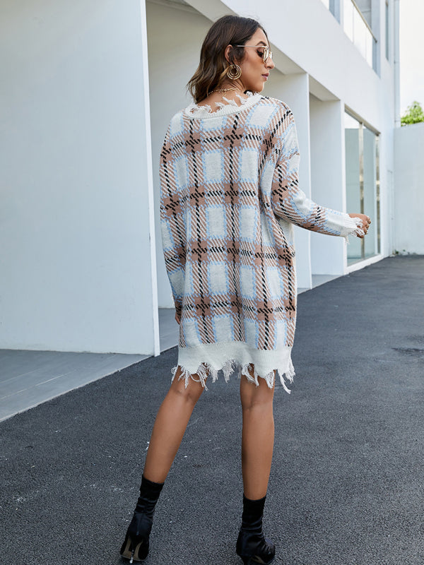 Plaid Distressed Knit V-Neck Sweater Dress Sweater dresses - Chuzko Women Clothing