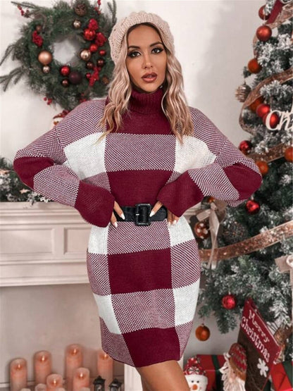 Sweater dresses- Plaid Knit Turtleneck Sweater Dress- Chuzko Women Clothing