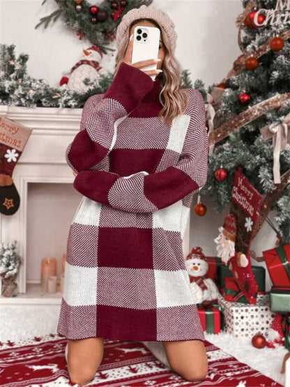 Sweater dresses- Plaid Knit Turtleneck Sweater Dress- Chuzko Women Clothing