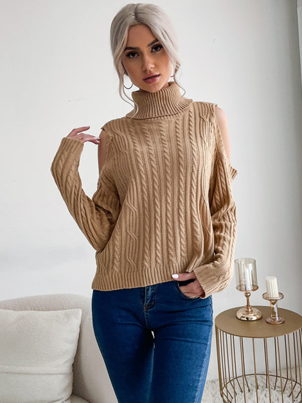 Sweaters- Cable Braid Knit Turtleneck Sweater - Cold Shoulder Jumper- Chuzko Women Clothing