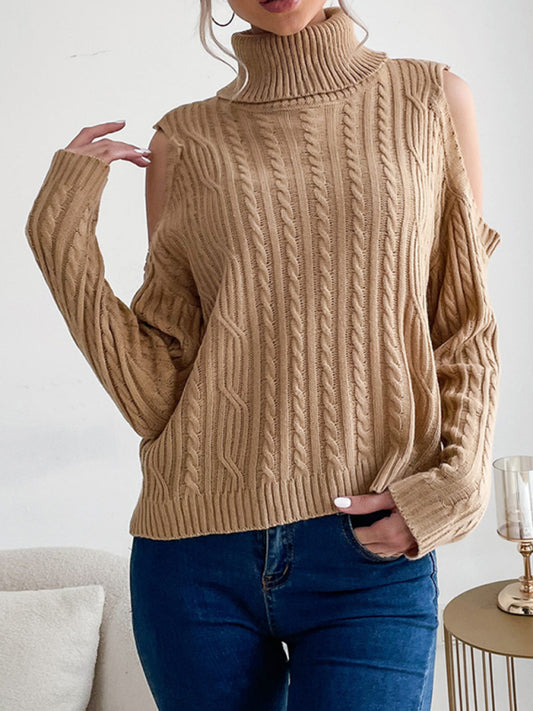 Sweaters- Cable Braid Knit Turtleneck Sweater - Cold Shoulder Jumper- Chuzko Women Clothing