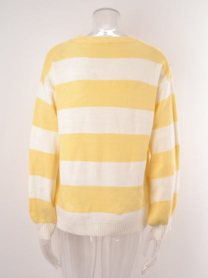 Sweaters- Casual Striped Knit Sweater | Relaxed Drop Shoulder Jumper- Chuzko Women Clothing