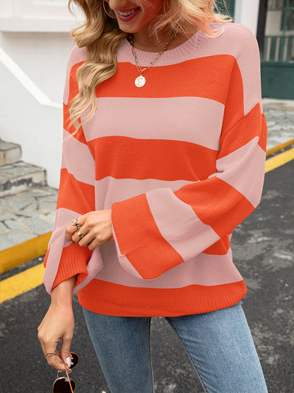 Sweaters- Casual Striped Knit Sweater | Relaxed Drop Shoulder Jumper- Chuzko Women Clothing