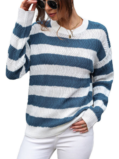 Sweaters- Chevron Knit Crew Neck Sweater- Chuzko Women Clothing