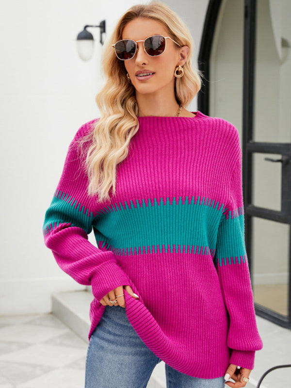 Sweaters- Color Block Knit Cozy Sweater Jumper for Chilly Days- Chuzko Women Clothing