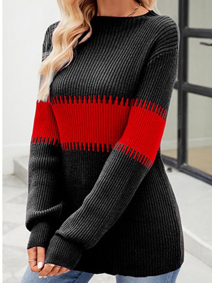 Sweaters- Color Block Knit Cozy Sweater Jumper for Chilly Days- Chuzko Women Clothing