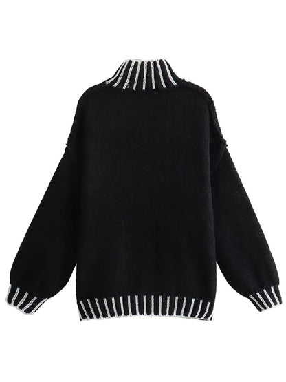 Sweaters- Contrast-Edged Cozy Knit Oversized Sweater Turtleneck- Chuzko Women Clothing