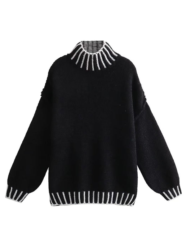 Sweaters- Contrast-Edged Cozy Knit Oversized Sweater Turtleneck- Chuzko Women Clothing