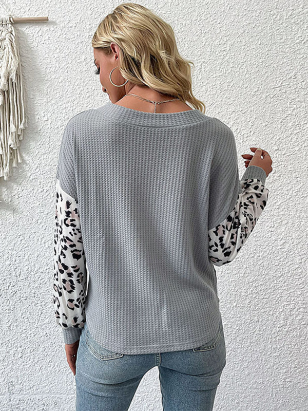 Sweaters- Cozy Knitted V-Neck Sweater in Couture Leopard Patchwork- Chuzko Women Clothing