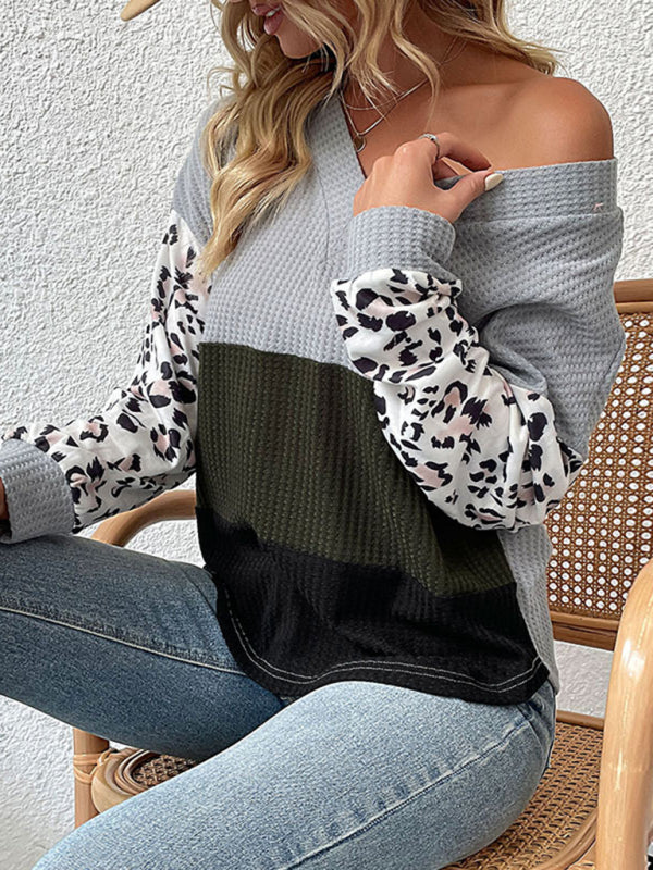 Sweaters- Cozy Knitted V-Neck Sweater in Couture Leopard Patchwork- Chuzko Women Clothing