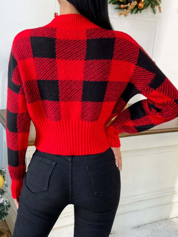 Sweaters- Cozy Plaid Knit Crop Sweater- Chuzko Women Clothing