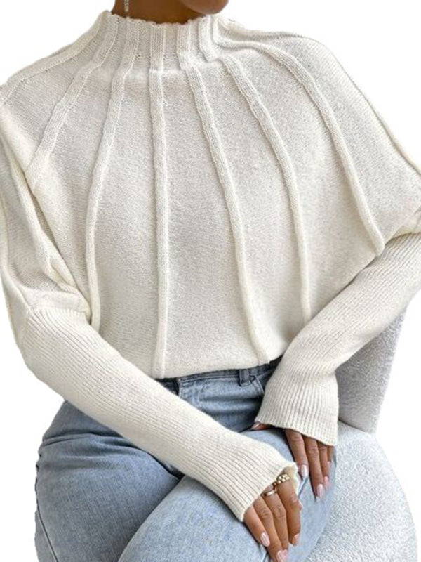 Sweaters- Cozy Ribbed Knit Batwing Sleeve Sweater- Chuzko Women Clothing