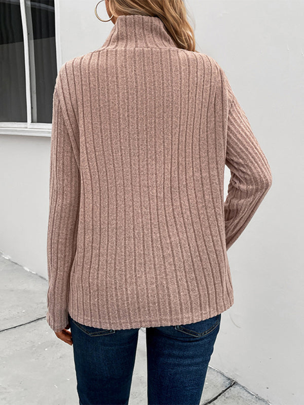 Sweaters- Cozy Ribbed Knit Stand Collar Sweater Top- Chuzko Women Clothing