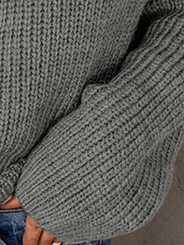 Sweaters- Cozy Waffle Knit Half Zip-Up Oversized Sweater- Chuzko Women Clothing