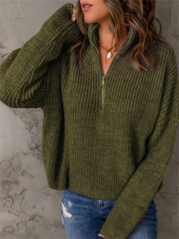 Sweaters- Cozy Waffle Knit Half Zip-Up Oversized Sweater- Chuzko Women Clothing