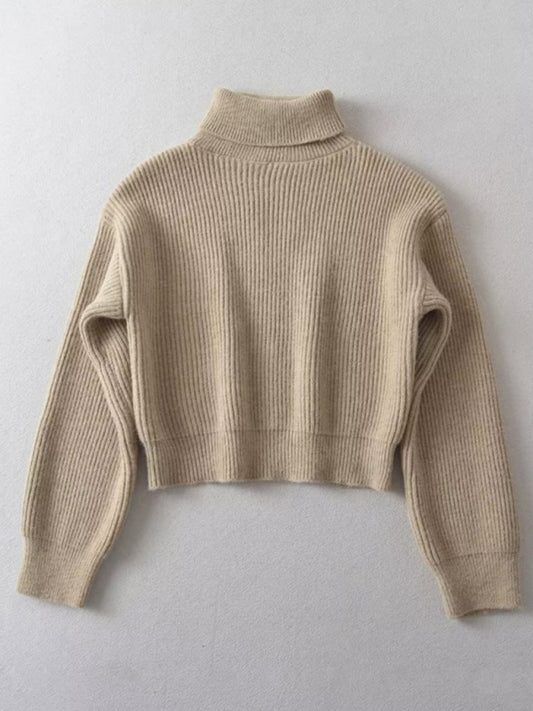Sweaters- Cropped Cozy Knit High Neck Jumper Sweater- Chuzko Women Clothing
