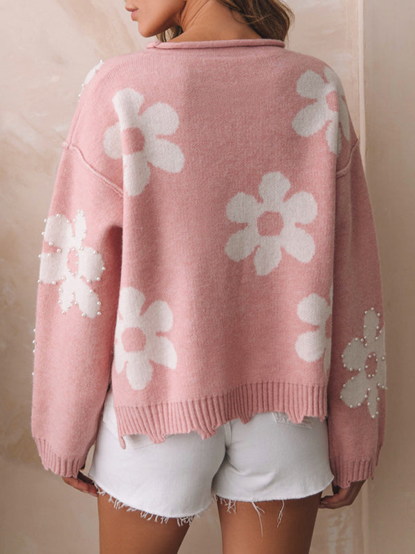 Sweaters- Floral Cozy Knit Oversized Sweater with Pearls- Chuzko Women Clothing