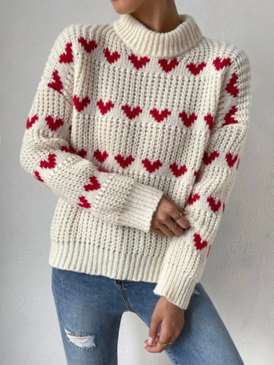 Sweaters- Jacquard Love Knit Turtleneck Sweater- Chuzko Women Clothing