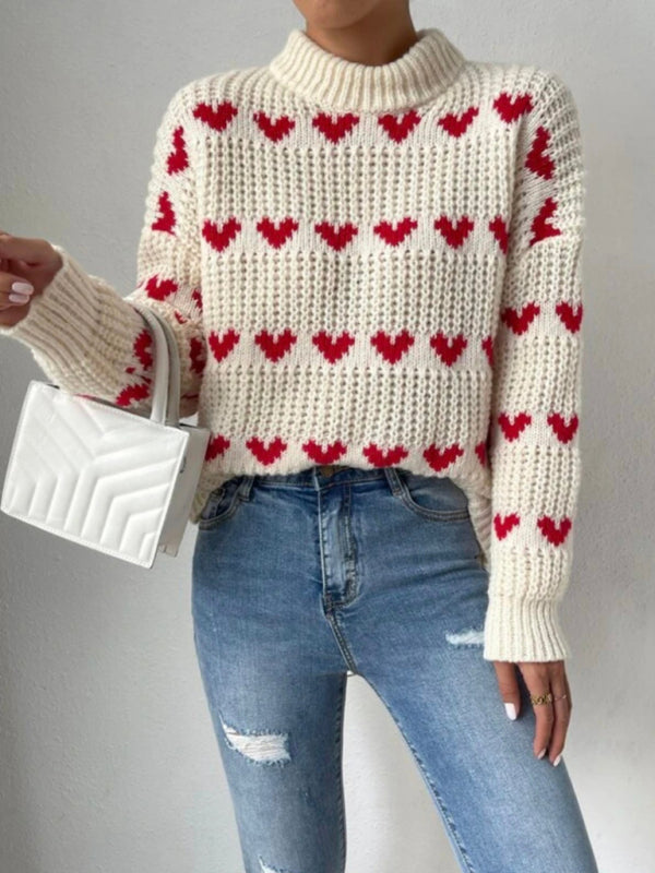 Sweaters- Jacquard Love Knit Turtleneck Sweater- Chuzko Women Clothing