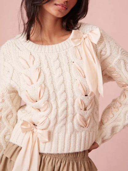 Sweaters- Lovely Knot Romantic Cable Knit Braid Bow Crop Sweater- Chuzko Women Clothing