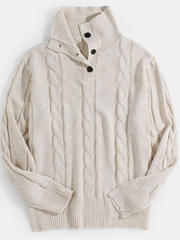 Sweaters- Men's Cable Knitting Half-Buttoned Stand Collar Sweater for Fall- Chuzko Women Clothing