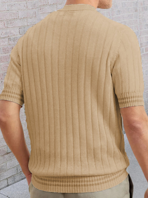 Sweaters- Men's Ribbed Knit Henley Short Sleeve Sweater- Chuzko Women Clothing