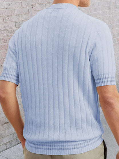 Sweaters- Men's Ribbed Knit Henley Short Sleeve Sweater- Chuzko Women Clothing