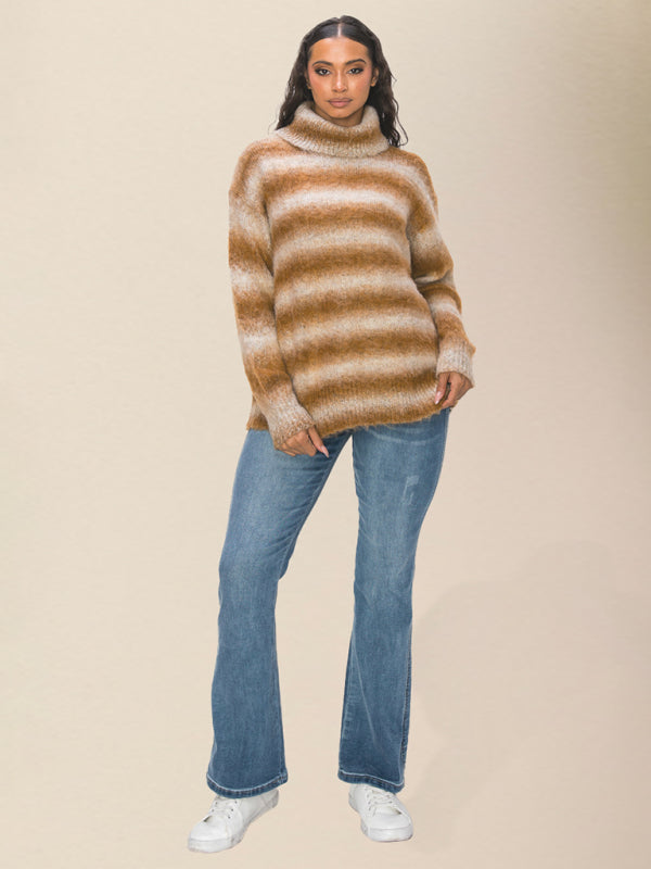 Sweaters- Oversized Spackled Fluffy Stripe Knit Turtleneck Sweater- Chuzko Women Clothing
