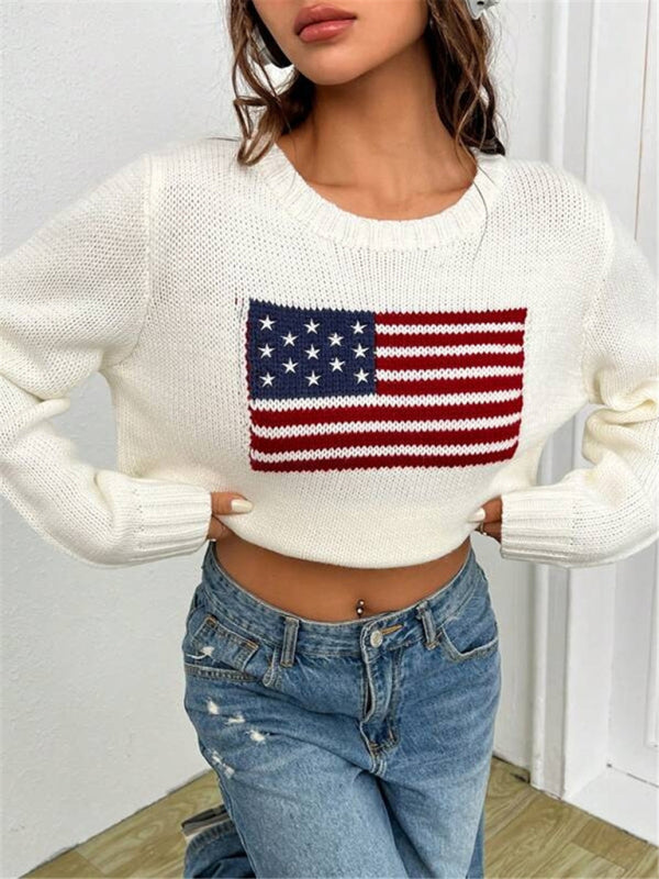 Sweaters- Patriot's Classic American Flag Print Sweater- Chuzko Women Clothing