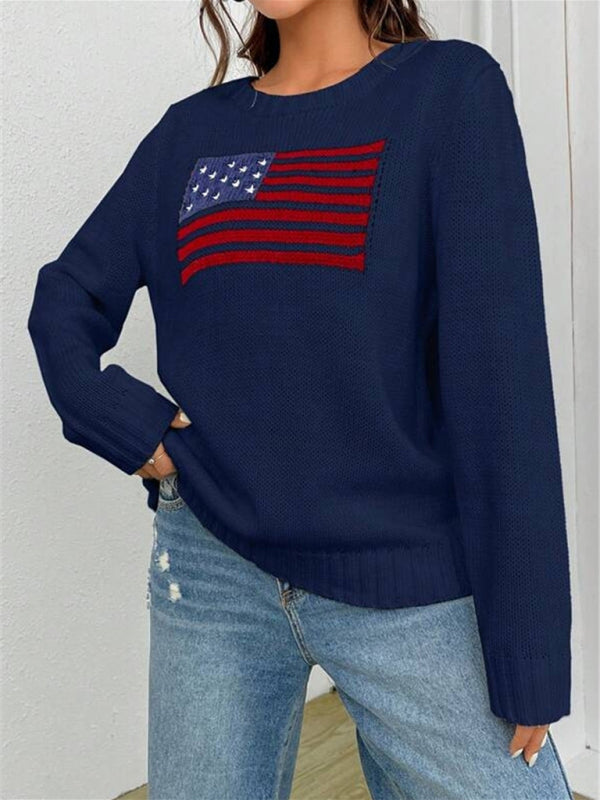 Sweaters- Patriot's Classic American Flag Print Sweater- Chuzko Women Clothing