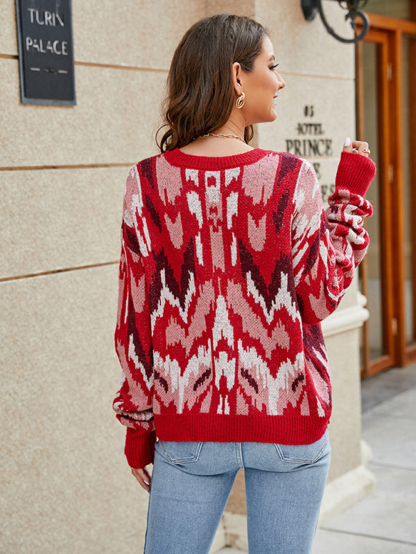 Sweaters- Red Print Knitwear | Cozy Jacquard Sweater Jumper- Chuzko Women Clothing