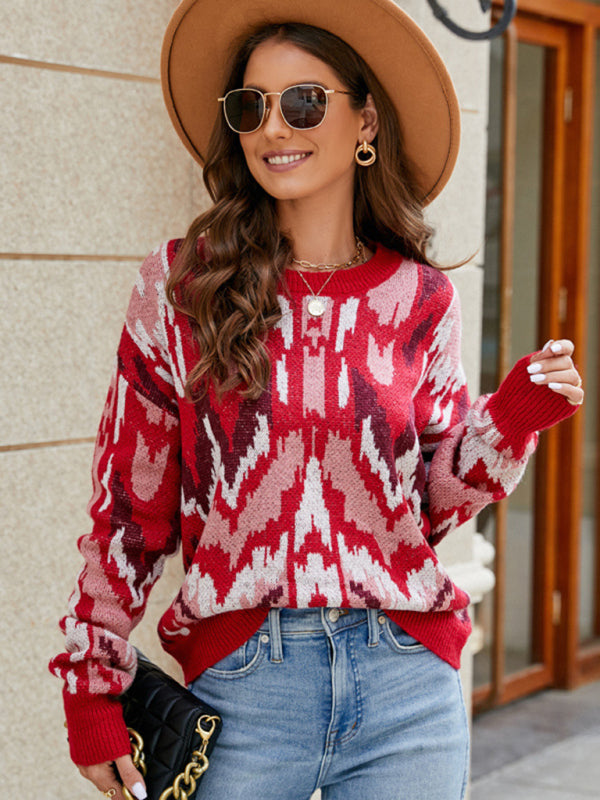 Sweaters- Red Print Knitwear | Cozy Jacquard Sweater Jumper- Chuzko Women Clothing