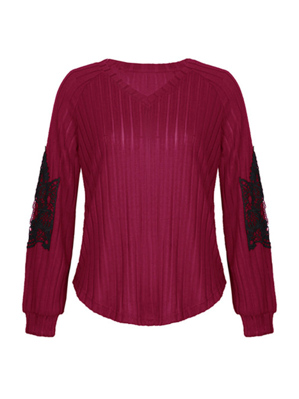 Sweaters- Ribbed V-Neck Sweater with Raglan Lace Sleeves- Chuzko Women Clothing