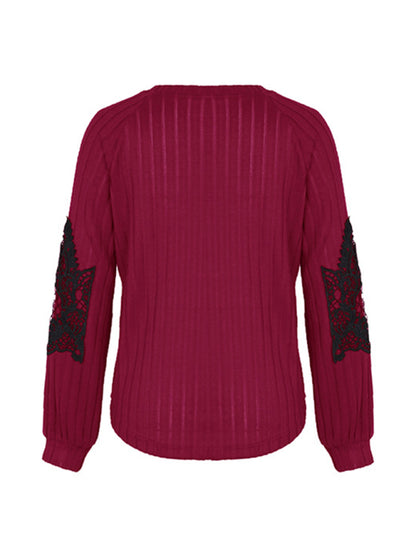 Sweaters- Ribbed V-Neck Sweater with Raglan Lace Sleeves- Chuzko Women Clothing