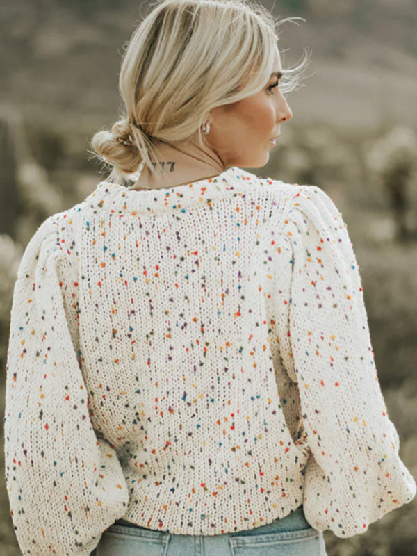 Sweaters- Romantic Dotty Knit Sweater with Lantern Sleeve- Chuzko Women Clothing
