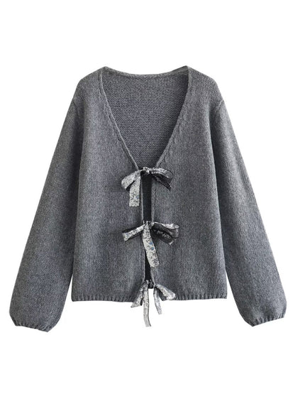 Sweaters- Sparkle Bow Cardigan | Oversized Knit Sweater- Chuzko Women Clothing