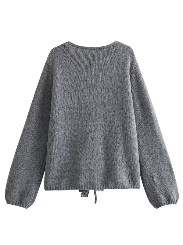 Sweaters- Sparkle Bow Cardigan | Oversized Knit Sweater- Chuzko Women Clothing