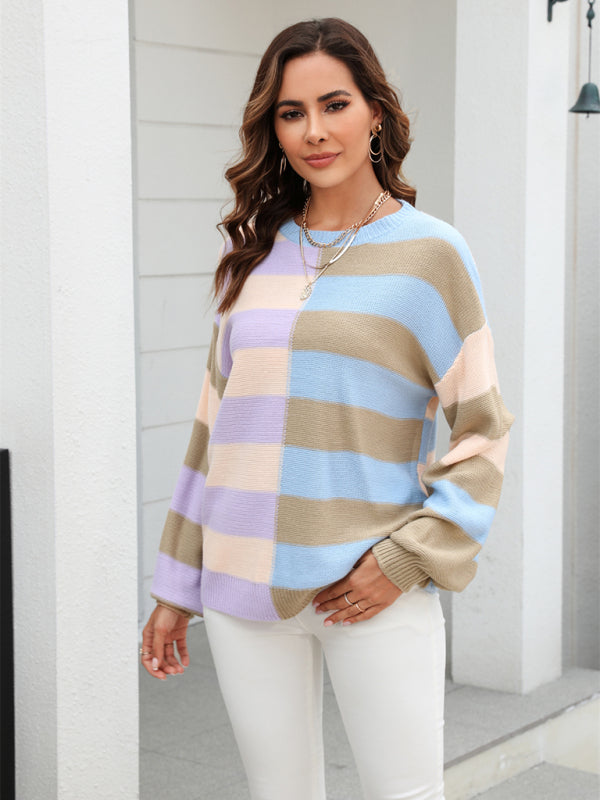 Sweaters- Striped Drop Shoulder Sweater | Knit Jumper- Chuzko Women Clothing