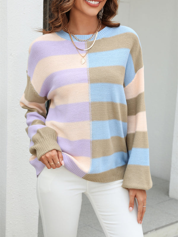 Sweaters- Striped Drop Shoulder Sweater | Knit Jumper- Chuzko Women Clothing