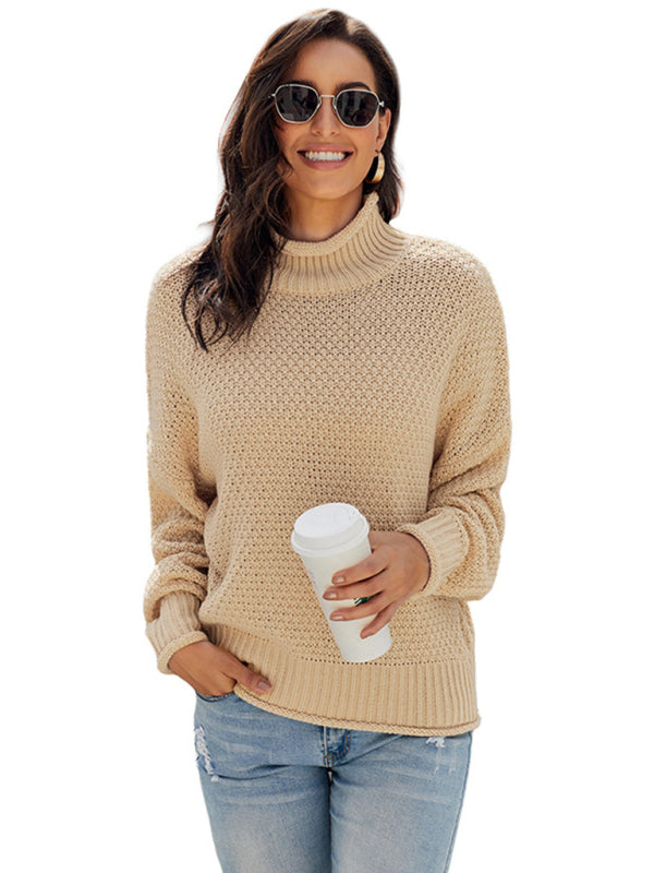 Sweaters- Waffle Knit Turtleneck Sweater Jumper- Chuzko Women Clothing