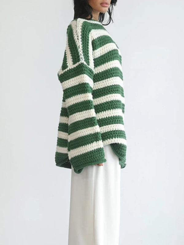 Sweaters- Winter Sweater | Chunky Oversized Stripe Knit Jumper- Chuzko Women Clothing