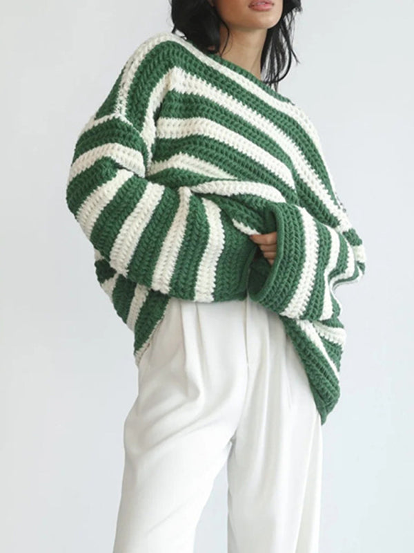 Sweaters- Winter Sweater | Chunky Oversized Stripe Knit Jumper- Chuzko Women Clothing