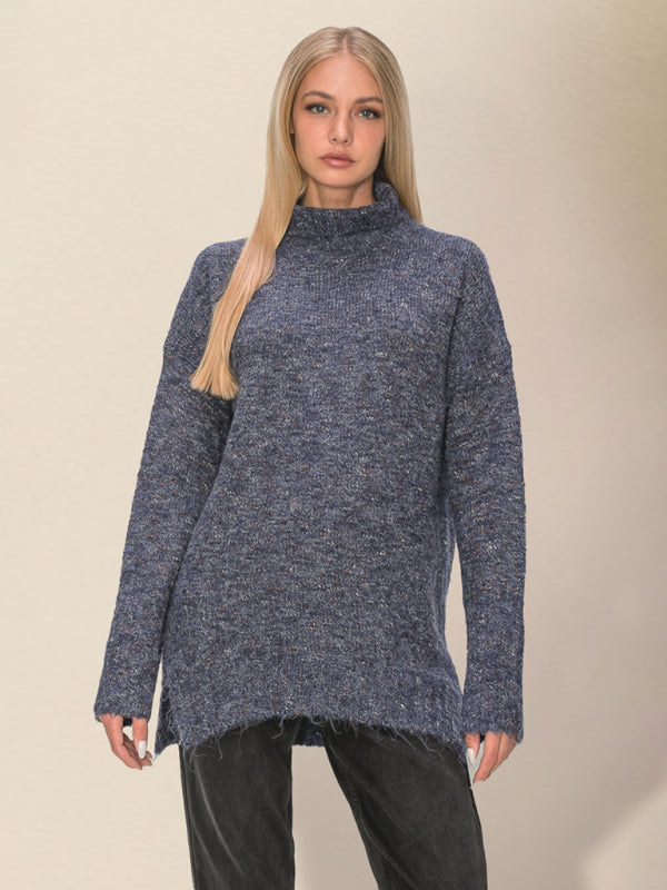 Sweaters- Winter's Cozy Spackled Wool Blend High Collar Knit Sweater- Chuzko Women Clothing
