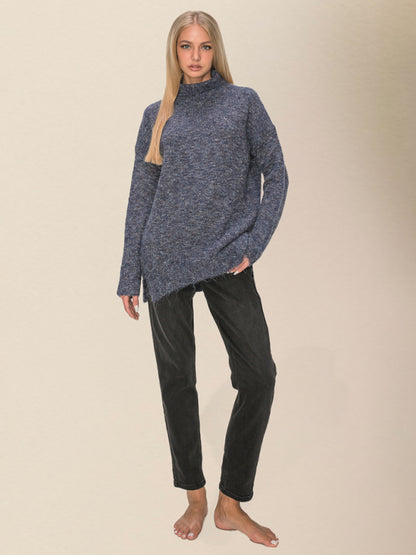 Sweaters- Winter's Cozy Spackled Wool Blend High Collar Knit Sweater- Chuzko Women Clothing