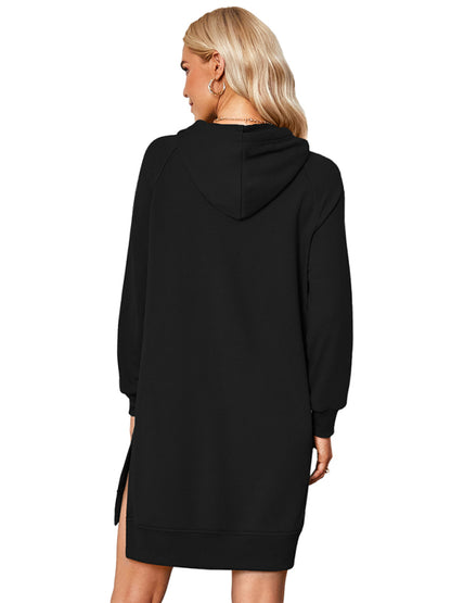 Sweatshirt Dresses- Solid Hoodie Dress with Kangaroo Pocket & Letter Print- Chuzko Women Clothing