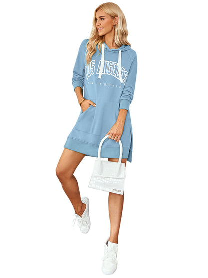 Sweatshirt Dresses- Solid Hoodie Dress with Kangaroo Pocket & Letter Print- Chuzko Women Clothing