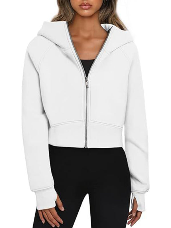 Sweatshirts- Active Wear Sporty Hoodie Crop Sweatshirt with Zip-Up Design- Chuzko Women Clothing
