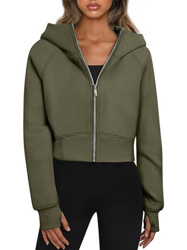 Sweatshirts- Active Wear Sporty Hoodie Crop Sweatshirt with Zip-Up Design- Chuzko Women Clothing